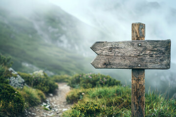 Wooden signpost on a mountain trail with foggy backdrop.