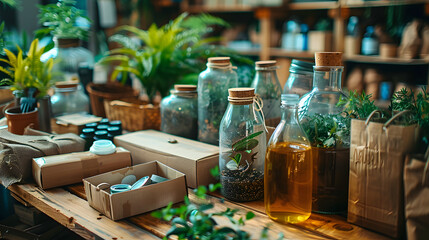 A variety of plants and bottles on a wooden table. recycle and sustainability concept