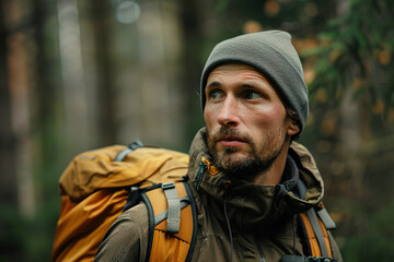 A hiker with a backpack looks onward, deep in thought, amidst the forest.
