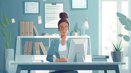 minimalist illustration of woman sitting on a chair in front of a laptop 
