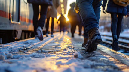 Frosty Commute: Legs and Suburban Train in Winter - obrazy, fototapety, plakaty