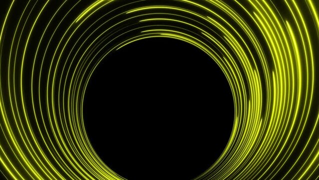 Yellow neon lines move in a circle on a dark background with free space in the center. Animated looping background. Use overlay or add to make the background transparent.