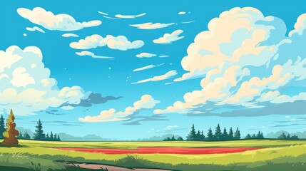 Obraz premium Grass Field landscape with blue sky and white cloud. Blue sky clouds sunny day wallpaper. Cartoon illustration of a Grass Field with blue sky in Summer. green field in a day.