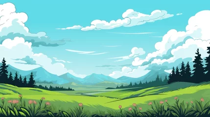 Rollo Grass Field landscape with blue sky and white cloud. Blue sky clouds sunny day wallpaper. Cartoon illustration of a Grass Field with blue sky in Summer. green field in a day. © jokerhitam289