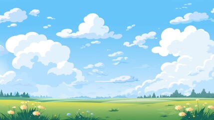 Obraz premium Grass Field landscape with blue sky and white cloud. Blue sky clouds sunny day wallpaper. Cartoon illustration of a Grass Field with blue sky in Summer. green field in a day.