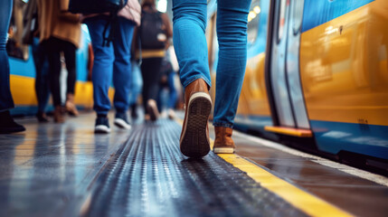 Urban Transit: People Walking by Train - obrazy, fototapety, plakaty