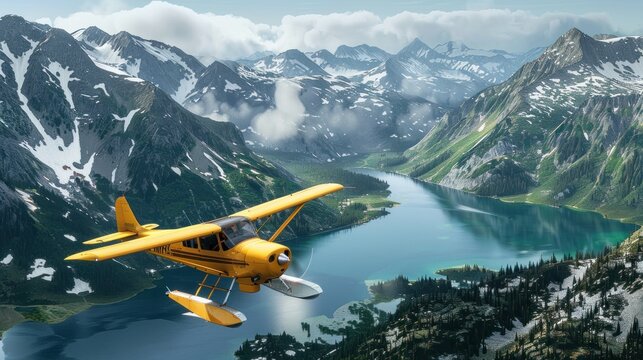 A seaplane or dragonfly plane is flying over the mountains