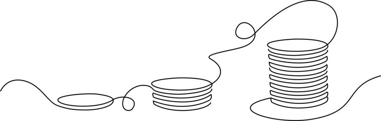 Growing Coins in one continuous line drawing. One line Savings, investments concept. Outline coins. Vector illustration