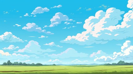 Obraz premium Grass Field landscape with blue sky and white cloud. Blue sky clouds sunny day wallpaper. Cartoon illustration of a Grass Field with blue sky in Summer. green field in a day.