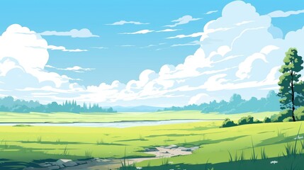 Obraz premium Grass Field landscape with blue sky and white cloud. Blue sky clouds sunny day wallpaper. Cartoon illustration of a Grass Field with blue sky in Summer. green field in a day.
