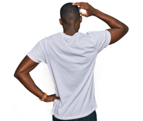 Young african american man wearing casual white t shirt backwards thinking about doubt with hand on head