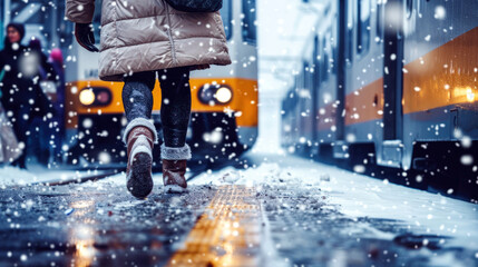 Commuters in Winter Gear Walking by Train