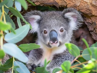 A tiny koala joey nestles in a soft pouch, surrounded by eucalyptus leaves, eyes wide with curiosity