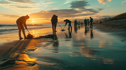 Volunteers cleaning a polluted beach with the sunset in the background, showcasing the beauty of nature and the impact of human action