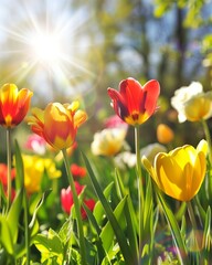 Fototapeta premium A Field of Vivid Spring Tulips Bathed in Sunlight