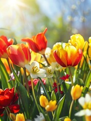 Fototapeta premium A Field of Vivid Spring Tulips Bathed in Sunlight