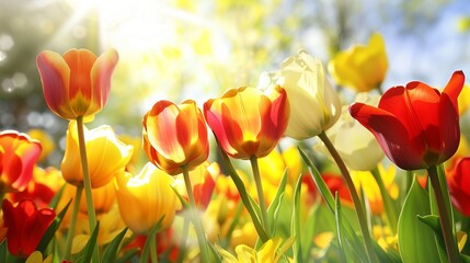 A Field of Vivid Spring Tulips Bathed in Sunlight