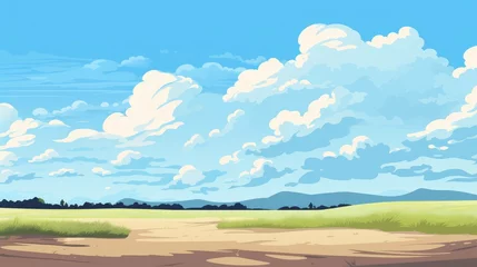 Poster Grass Field landscape with blue sky and white cloud. Blue sky clouds sunny day wallpaper. Cartoon illustration of a Grass Field with blue sky in Summer. green field in a day. © jokerhitam289