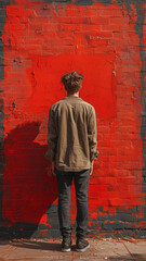 Fototapeta na wymiar Portrait of Caucasian attractive man against background of red brick wall