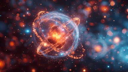 An intricate visualization of atoms swirling around in a mesmerizing dance, each electron orbiting its nucleus with precision - obrazy, fototapety, plakaty