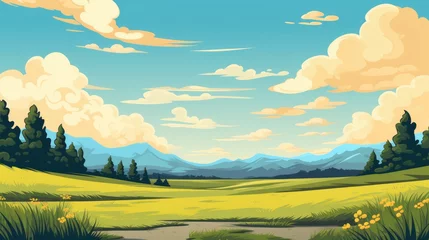 Tuinposter Grass Field landscape with blue sky and white cloud. Blue sky clouds sunny day wallpaper. Cartoon illustration of a Grass Field with blue sky in Summer. green field in a day. © jokerhitam289