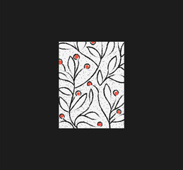 leaves and twigs with red berries drawn in sketch style, art element in square shape without sides