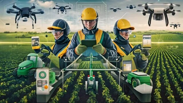 Modern cultivators using advanced technology for efficient farming: Futuristic farming practices depicted with high-tech tools and drones