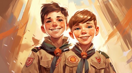 Drawing of a pair of cheerful boy scouts. - obrazy, fototapety, plakaty