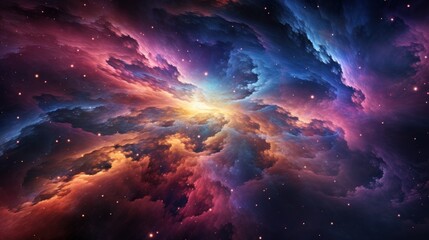 A mesmerizing view of the universe unfolds in this abstract wallpaper, showcasing a cloudy nebula surrounded by celestial wonders. - obrazy, fototapety, plakaty