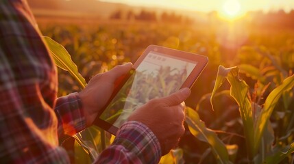 A farmer using an tablet to control the agricultural process, with a sunset in background
