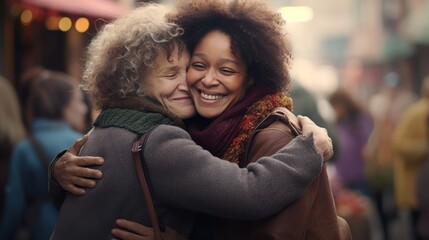 International Hug Day brings strangers together: an adult woman and a woman laugh and hug warmly on the street. - obrazy, fototapety, plakaty