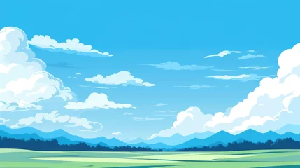 Küchenrückwand glas motiv Blue sky clouds sunny day wallpaper. Grass Field landscape with blue sky and white cloud. Cartoon illustration of a Grass Field with blue sky in Summer. green field in a day © jokerhitam289