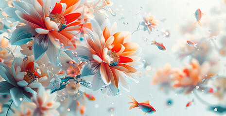 colorful of elegant flowers background surrounded by various small fish