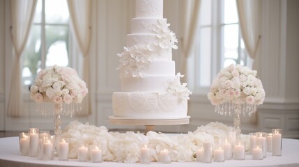 A breathtaking white wedding cake steals the spotlight in an opulent reception venue.  - obrazy, fototapety, plakaty