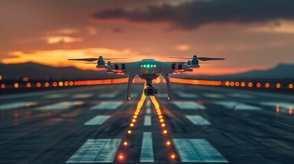 A quadcopter drone with glowing lights poised on a runway, ready for takeoff against a dramatic sunset backdrop.