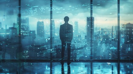 Fototapeta na wymiar A UHD photo of a CEO or executive looking out of a window at a city skyline, with a double exposure effect