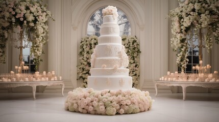 Fototapeta premium A breathtaking white wedding cake steals the spotlight in an opulent reception venue. 