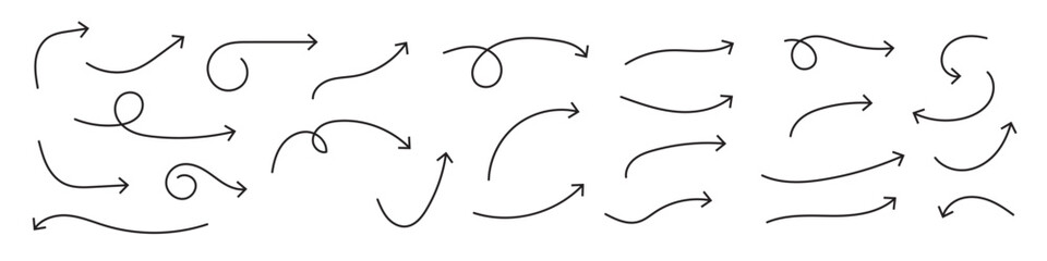 Collection hand drawn arrows. Set simple curved arrows isolated on white background. Collection of pointers. Vector illustration.