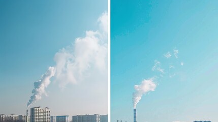 A visual comparison between clean air and polluted air, with clear blue skies on one side and smog - filled skies