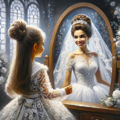 A young girl in a white lace dress admires her reflection in a large, ornate mirror, which shows her transformed into a beaming bride in a detailed wedding gown with a tiara and veil 
