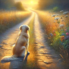 A golden retriever dog sits on a dirt road, gazing towards the sunrise that casts a warm, golden light over the grassy landscape  - 765779787