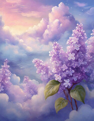 Bez lilak, fioletowe kwiaty w chmurach. Surrealistyczny krajobraz - obrazy, fototapety, plakaty