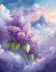 Bez lilak, fioletowe kwiaty w chmurach. Surrealistyczny krajobraz