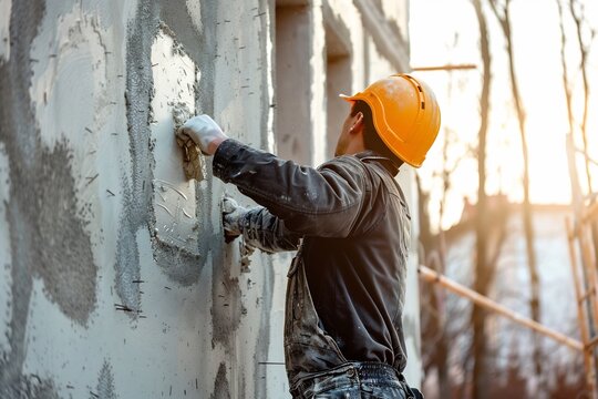 A cubby worker in overalls and helmet is applying plaster to the wall, with bright light, high key color grading