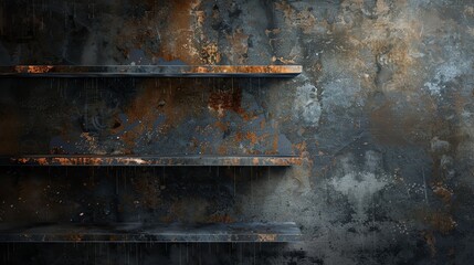 Abstract grunge dark empty shelf on rustic dirty concrete background, display product