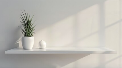 Fototapeta na wymiar A minimalist empty shelf backdrop with white walls and natural light shadow background
