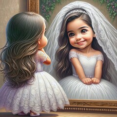 A young cartoon girl in a detailed, lacy dress admires her reflection in a large mirror, where she sees herself smiling back wearing an elaborate white bridal gown with a lace veil  - 765779951