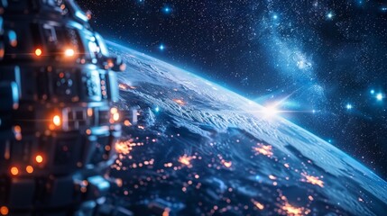 Close-up view of a space station in orbit around a brightly illuminated Earth at night, with the vastness of space and twinkling stars in the background.