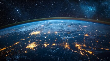 The Earth at night, viewed from space, showcasing the glowing lights of cities scattered across the darkened continents beneath a starry sky.