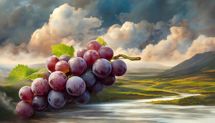 Surrealistyczny krajobraz, owoce czerwone winogrona. Abstrakcyjne tło - obrazy, fototapety, plakaty